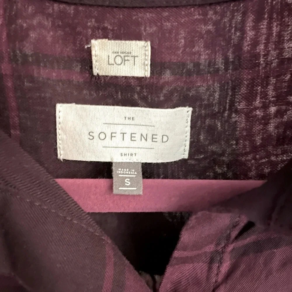 Ann Taylor LOFT softened size S Long Sleeve sheer Raspberry plaid 100% Lyocell. - Picture 2 of 6